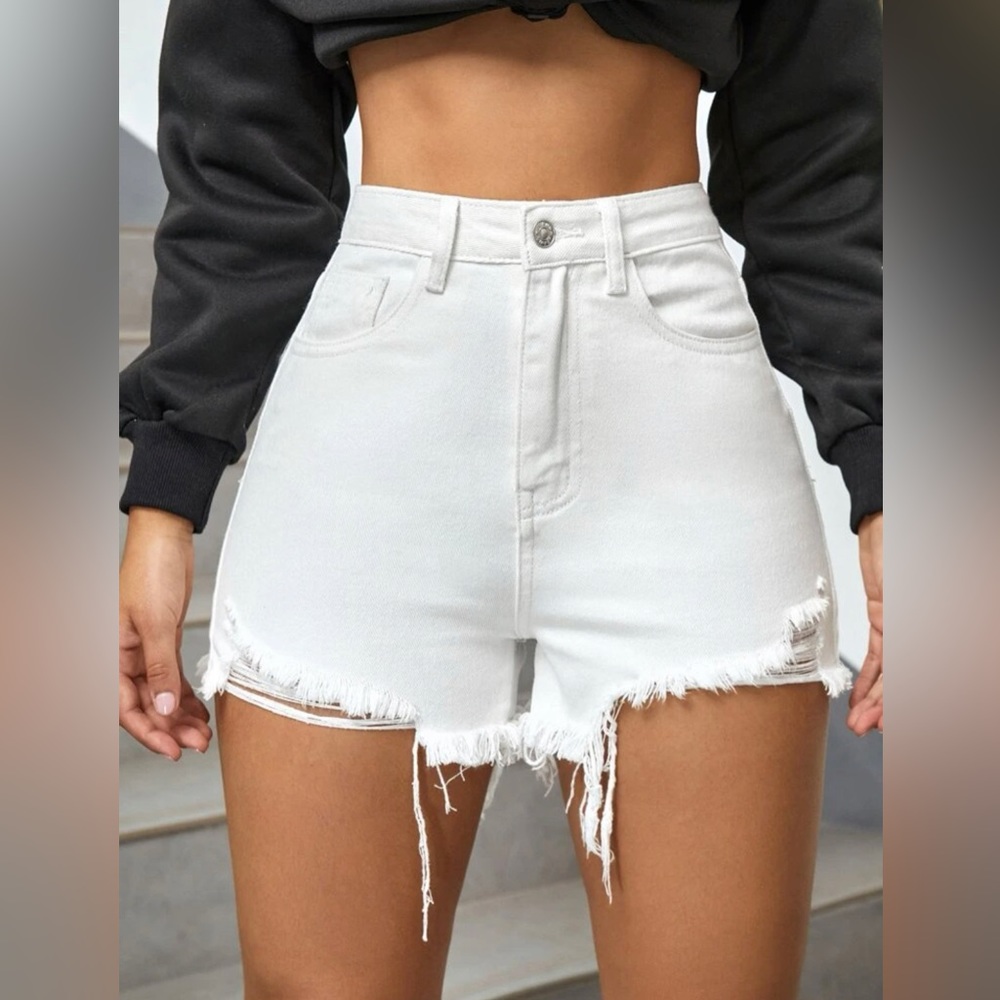 High Rise White Denim Shorts